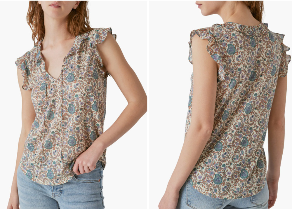 Lucky Brand Women's Paisley Flutter Sleeve Mixed Media Top Size Small 2-6